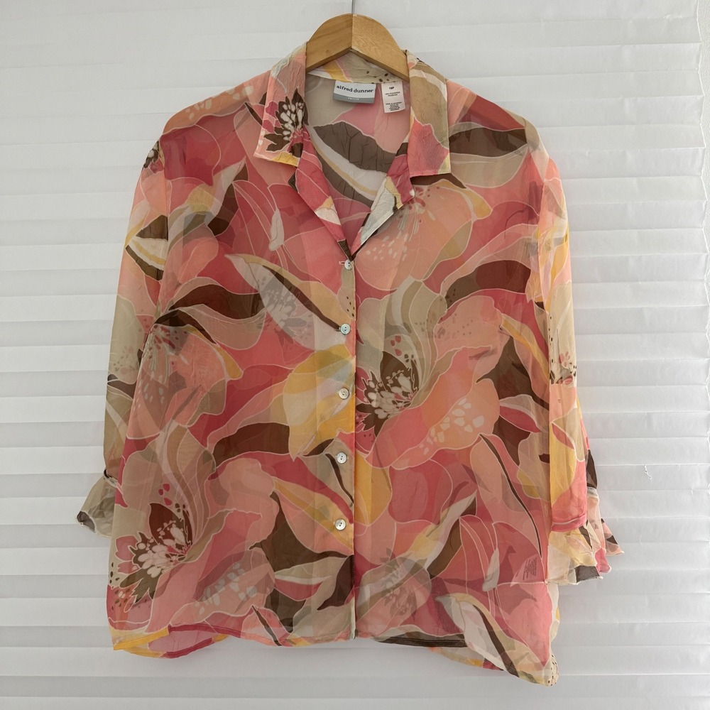 Alfred Dunner Pink Orange Floral Sheer Button Up Topper Blouse 16P‎ Ruffle Cuff